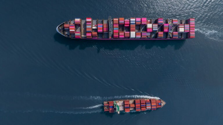 Aerial view container cargo ship freight shipping international,